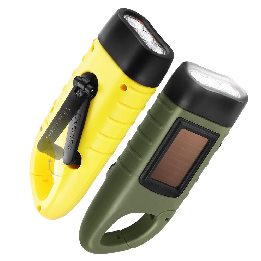 GeeRic 2-Pack Hand Crank Solar Powered Emergency LED Flashlight, Survival Flashlight with Quick Snap Carabiner, Army Green+Yellow