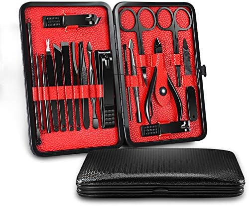 YHCHOO 18 In 1 Mens Grooming Kit Manicure Set Stainless Steel Professional Pedicure Kit Nail Scissors with Black Leather Travel Case (Black & Red)