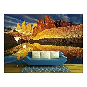 Towers with Reflection at Sunrise, Torres Del Paine National Park, Patagonia, Chile - Removable Wall Mural | Self-Adhesive Large Wallpaper - 66x96 inches