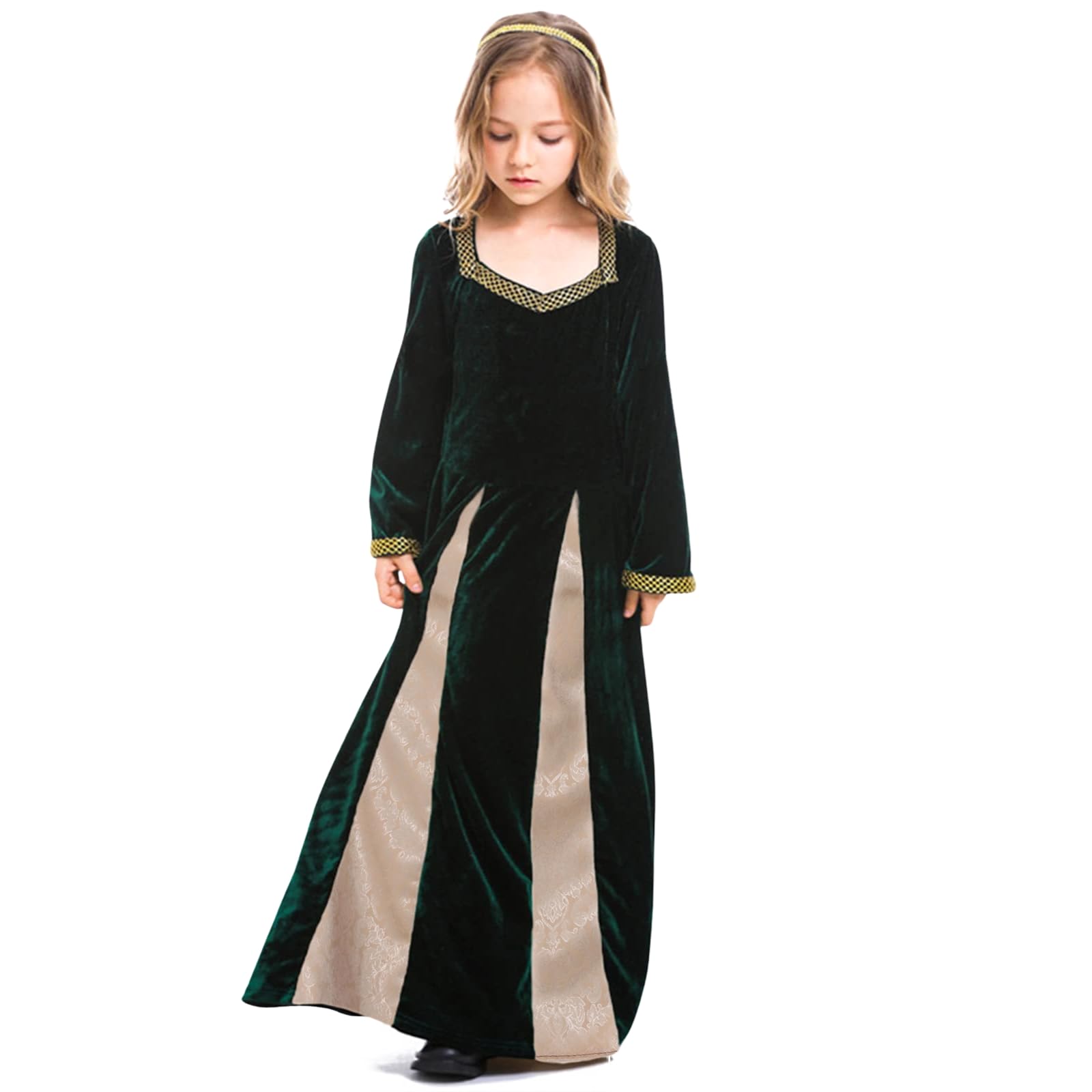 maxToonrain Girls Medieval Princess Costume Renaissance Velvet Dress Kids Royal Fancy Dress Up for Halloween World Book Day (Green, Medium)
