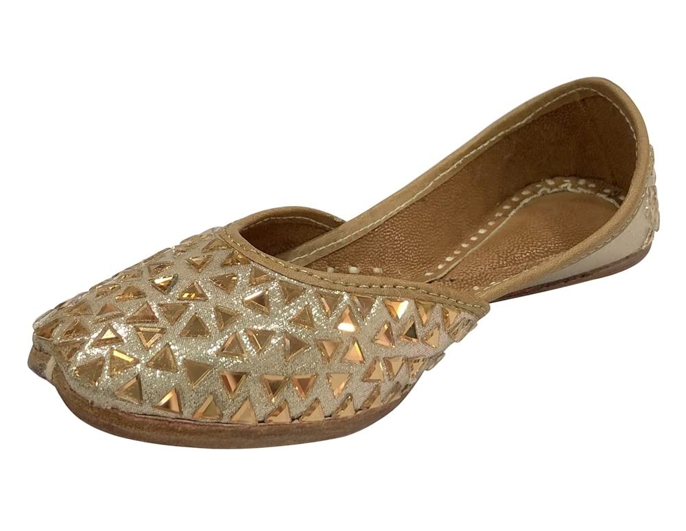 Photo 1 of Gold Punjabi Mojari Juttis for Girls Toddler/Little Kid/Big Kid Ballerina Ethnic Flat Party Shoes Jooti jutties Girls Rhinestone Studded Slip On Ballet Flats