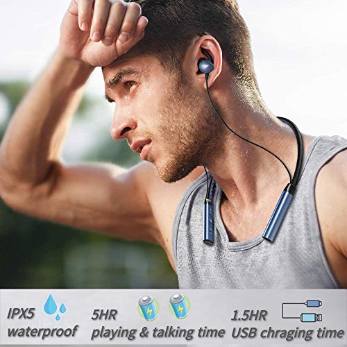 Bluetooth 5.0 Neckband Headphones, Wireless Neckband Headset Stereo Noise Cancelling, IPX5 Waterproof Sports Earphones, Gym, Workout, Travel, Business, Magnetic Earbuds – Blue
