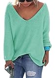 Sarin Mathews Womens Casual Autumn Deep V Neck Solid Loose Knit Pullover Sweater