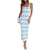 Saodimallsu Womens Striped Bodycon Midi Dress Sleeveless Square Neck Color Block Knit Summer Tank Dresses