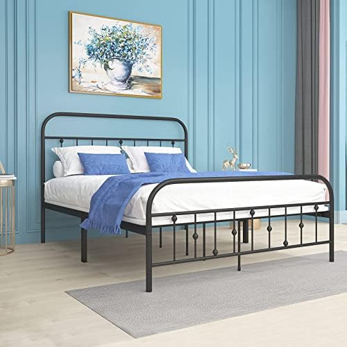 Metal Bed Frame Queen Size with Vintage Headboard and Footboard
