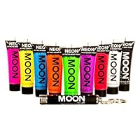 Moon Glow Blacklight Intense Neon UV Face and Body Paint 0.42oz - Set of 9 Tubes - Inc UV Keyring