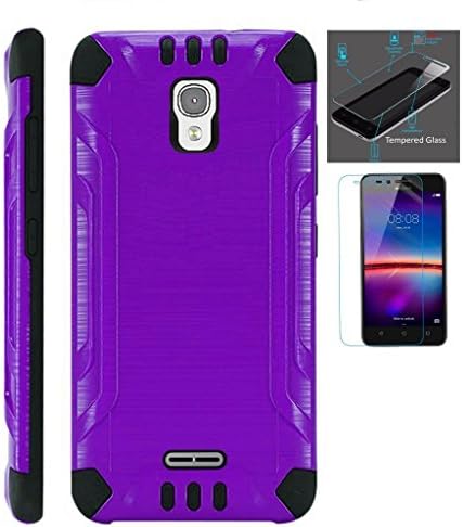 For Alcatel Pixi Theatre Case + Tempered Glass Screen Protector / Slim Dual Layer Brushed Texture Armor Hybrid TPU Combat Phone Cover (Purple/Black)