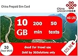 China Sim Card 30days 10GB Data <4g LTE> + 200 Local mins + 50 Local Texts/Free Incoming Call & Text/English Customer Support via WhatApps