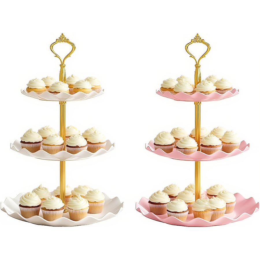 Photo 1 of 2 PCS 3 Tier Cupcake Stand Holder, Plastic Cupcake Holder Towel with Multiple Layers of Trays, Used for Cupcakes, Donuts, Fruits, Etc., White (White+Pink)