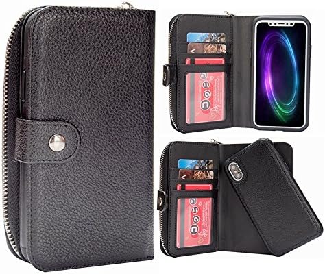 iPhone X Wallet Case, HYSJY Magnetic Detachable Flip Leather Case Purse With Card Holder Slots Wristlet Strap Zip Pocket Removable Slim Back Cover for iPhoneX (Black)