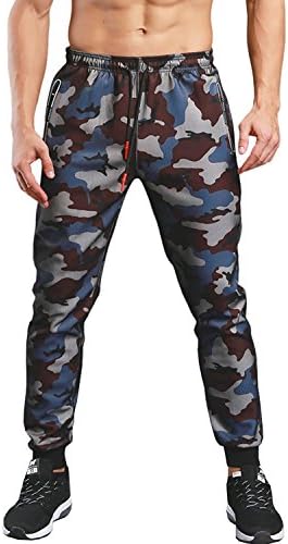 KaiDi Men's Slim Fit Drawstring Classic Camo Joggers Pants Zipper Pockets (Blue, L)
