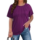 CARROTMOB Plus Size Blouses for Women Pleated Casual Short Sleeve Round Neck Shirts Dressy Loose Summer Tops
