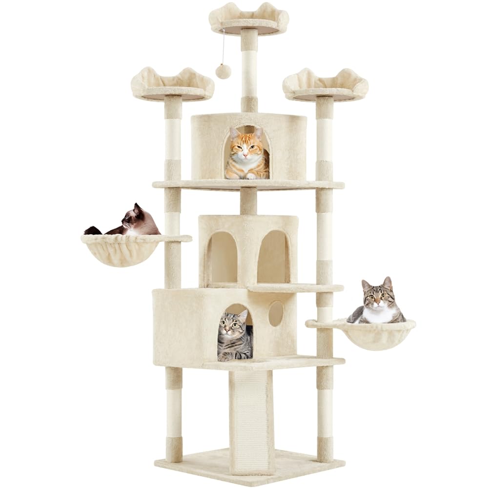Yaheetech 76.5in Multi-Level Large Cat Tree, Big Cat Tower with 3 Condos, Cozy Plush Perches, 9 Sisal Scratching Posts and Ladder, Activity Center for Large Kitties, Beige Image