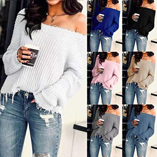 Forthery-Women Off Shouler Sweater V Neck Long Sleeve Knit Jumper Oversized Pullover Sweatshirts Tunic Tops(White,XXXL) - Thumbnail 3