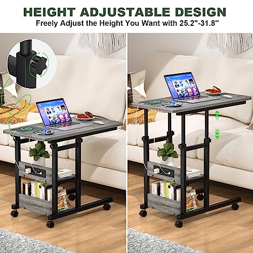 Height Adjustable C Shaped End Table with Charging Station, Mobile