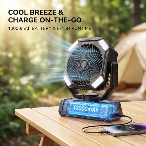 GOBRILLFUN Battery Operated Fan 10000mAh with Mist, Portable Remote Control Fan with 300mL Tank, Oscillating Cooling Fan, 2 Mist Modes, LED Light, Timer, Rechargeable for Camping Patio Beach Office