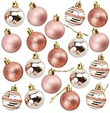 48-Pack Mini Christmas Tree Ornaments - Rose Gold Shatterproof Small Christmas Balls Decoration, Assorted 4-Finish Shiny, Matte, Glitter, Glitter Stripes, Hanging Plastic Bauble Decor, 1.5 Inches