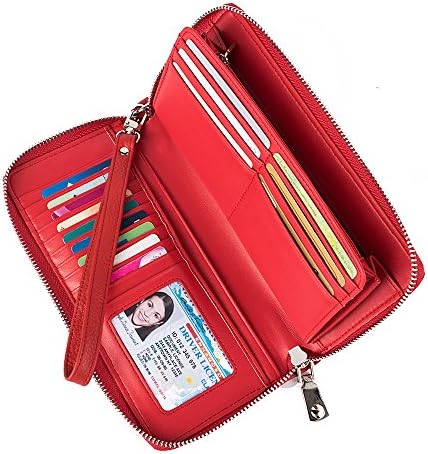 Plus Size Women's RFID Blocking Wallet Genuine Leather Zip Around Clutch Travel Purse (Red)