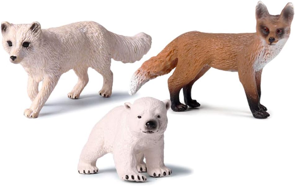 3 Pack Polar Animal Figurines Cake Topper, Realistic Forest Animal Figures Educational Party Favors Miniature Decorations Arctic Fox/Red Fox/Polar Bear