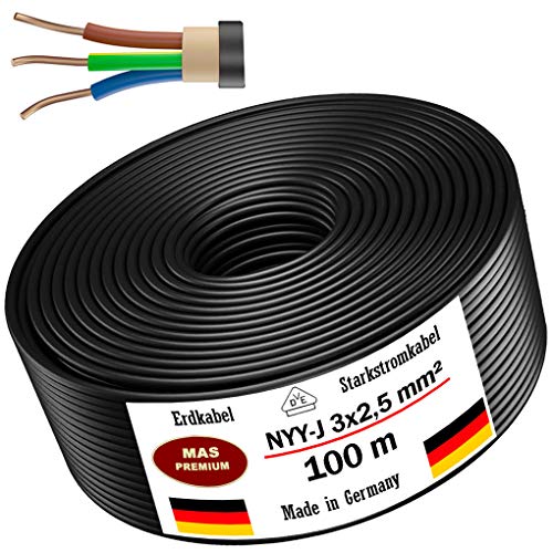Erdkabel Stromkabel 5, 10, 15, 20, 25, 30, 35, 40, 50, 60, 70, 75, 80, 90 oder 100m NYY-J 3x2,5 mm² Elektrokabel Ring…