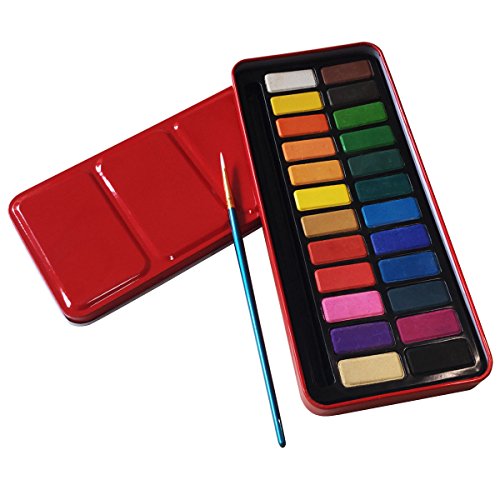24 Colors Tin Box Watercolor Paints 1 pcs Brush Set For School Student Sketch Painting Non-toxic Stationery Art Supplies