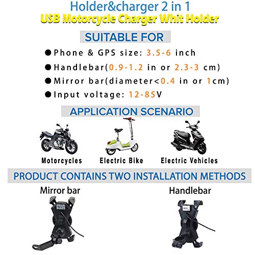 Motorcycle Phone Mount with Charger 5V 2.4A USB Port Install on Handlebar/Mirror Bar, Leepiya Cell Phone Holder for iPhone X 8 7 6 5 Plus, Galaxy S9 S8 S7 S6 Plus and All 3.5 to 6" Mobile Phone/GPS