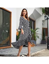 Byinns - Vestido vintage de lunares, cuello en V, cascabel de 3 4, mangas casuales, dobladillo alto y bajo, vestido de media columpio, estilo retro