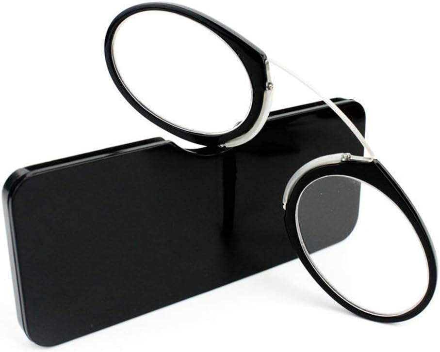 Fashion Clip on Nose Resting Pinching Reading Glasses Mini Portable Men and Women Pince-Nez Readers Glasses Case(Black，+1.5）