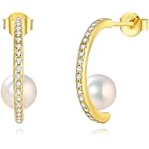 YAMI Natural Round Pearl Earrings, 925 Sterling Silver Cubic Zirconia Open Hoop Earrings for Women, 6-7MM Saltwater/Freshwater Cultured Pearl Jewelry Gifts for Mother
