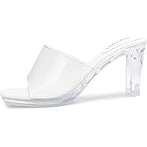 NBUUNBU Chunky Heels for Women Clear Platform Heels Sexy Block High Heels Sandals Square Toe Open Toe Transparent Strap Comfortable Dress Shoes Slip on Mules