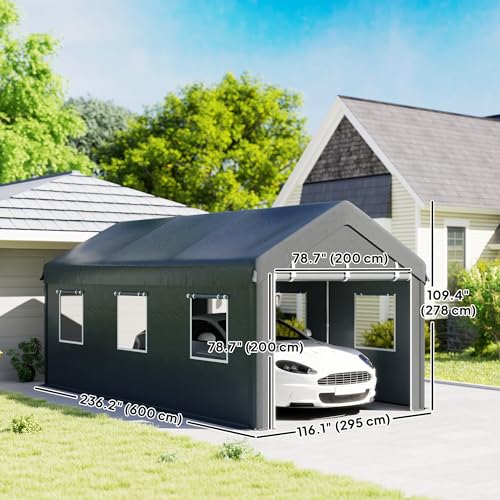 Outsunny 10' x 20' Carport Portable Garage Heavy Duty, Dark Grey | Car Port Canopy, 2 Roll-up Doors, 6 Ventilated Windows, for Car, Truck, Boat, Garden Tools