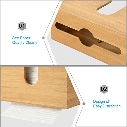 Bamboo Paper Towel Dispenser for Bathroom Decor - C-fold Wall Mounted Countertop Paper Holder with Bamboo Utensil Holder