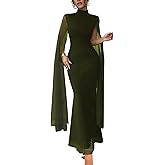 WISFRUIT Women Sexy Elegant Formal Mock Neck Flare Sleeve Mesh Evening Gowns Maxi Dress Dark Green Large