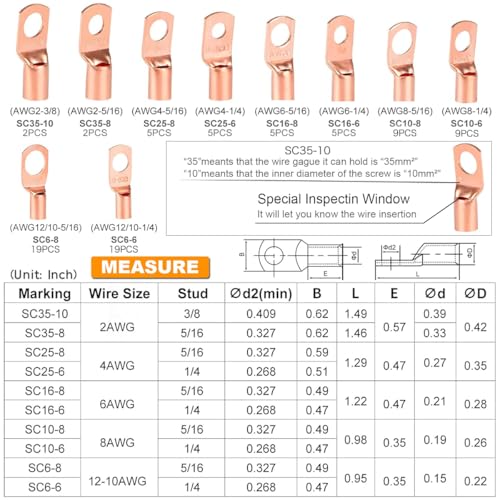 TKDMR 160Pcs Copper Wire Lugs AWG2 4 6 8 10 12 with Heat Shrink Set, 80Pcs Battery Cable Ends Ring Terminals Connectors Tubing Assortment Kit
