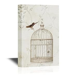 Canvas Wall Art - Bird Flying Above a Bird Cage on Floral Pattern Background - Gallery Wrap Modern Home Art | Ready to Hang - 12x18 inches