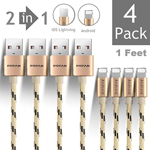 POFAN Nylon Braided Universal USB to Lightning + Micro USB Cable for both Apple and Android Phones (2-in-1 integrated interface) (Gold 1ft 4 Pack)