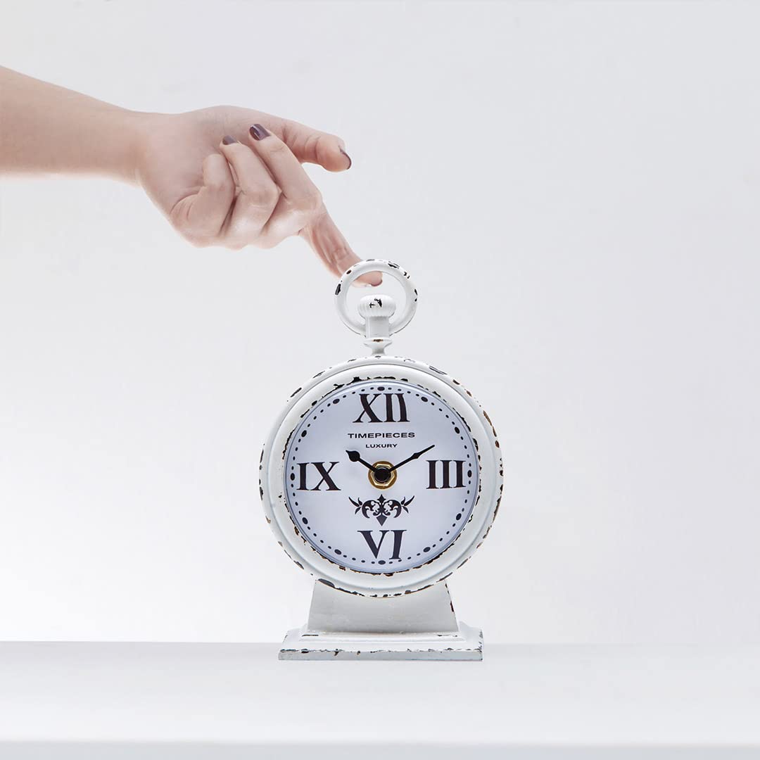 NIKKY HOME Vintage Mantel Clock, White Rustic Metal Analog Clock, Battery Operated, Distressed Style, 4.7 x 2.4 x 7.6 Inch