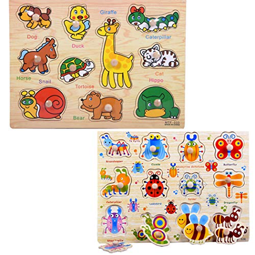 SIPLIV Wooden Pegged Puzzles Set Learning Puzzles Board for 2-5 Years Old Kids Preschool Early Education Toys and Games, 2 Pcs - Animals and Insects - Thumbnail 7