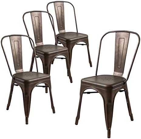 Buschman Set of Four Bronze Tolix-Style Metal Indoor/Outdoor Stackable Chairs with Back