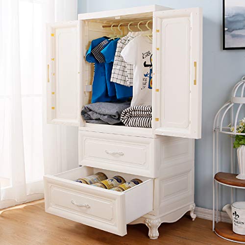 Nafenai Armoire Wardrobe Closet, 2-Door Cabinet Armoire with Drawers and Clothing Hanging Rod in White
