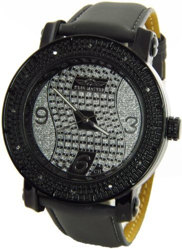 Mens King Master Genuine Diamond Watch Black Case Dark Gray Leather Band w/ 2 Interchangeable Watch Bands #KM-535