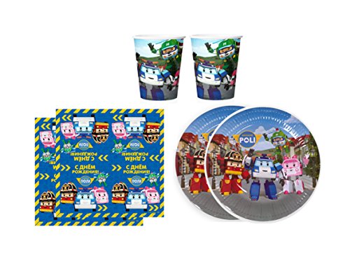 Robocar Poli Party Supplies Set Plates Napkins Cups Kit for 12