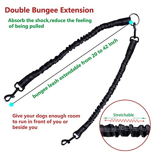 Dual Dog Leash Double Dog Leash, Multifunctional Detachable Leash for 1 or 2 Dogs, No Tangle Shock Absorbing Bungee Walking Lead with Two Handles Bonus Funny Waste Bag Dispenser for Dogs Up to 180lbs