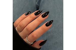 KQueenest 48 Pcs Black Press on Nails Almond Medium Length, Press on Black Nails, Solid Color Medium Fake Nails Acrylic, Stiletto Nails Glue on, Long-Lasting Gel Stick on Nails for Women Gift