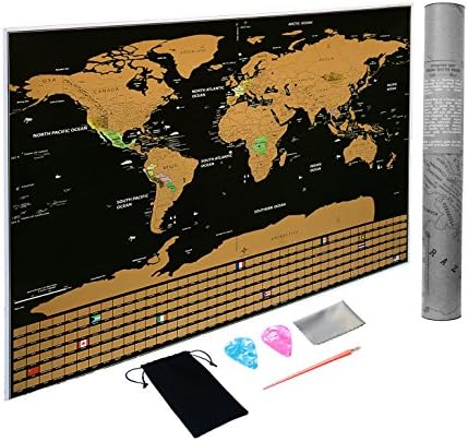 Scratch Off World Map Poster with Country Flags and US States Outlined, 32.4 x 23.4 Inches. Track Your Adventures. Great Gift for Travelers.