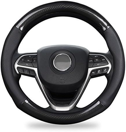 Genuine Leather Carbon Fiber Car Steering Wheel Covers Soft Anti-slip 15Inch Specail For Jeep Cherokee/wrangler/commander/compass/PATRIOT (A style(with hole), black leather+carbon fiber)