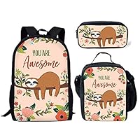 FANCOSAN Cartoon Sloth Printing Kids 3 Pieces Backpack Set Teenager Insulated Lunch Bag Pencil Bag