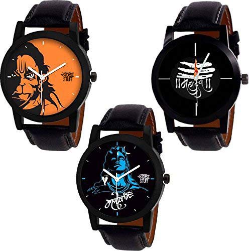 SWADESI STUFF Analogue Black Leather Strap Watch Lord Shiva Hanuman Mahakal Men's and Women's Watch - Combo of 3