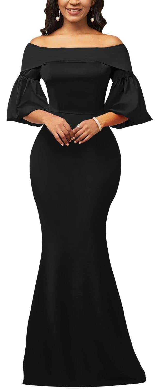 Black Women's Off Shoulder Dress Short Puff Sleeve