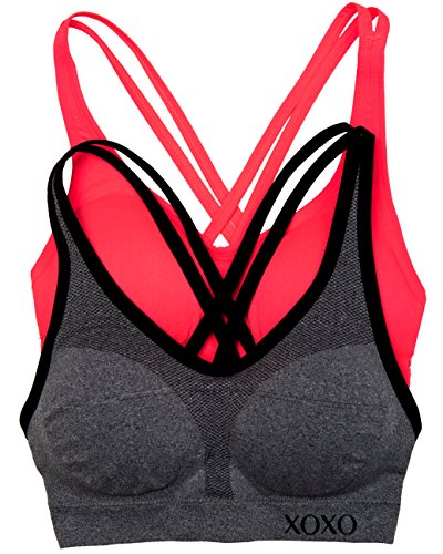 XOXO 2 Pack Cross Back Comfort Sports Bra with Removable Pads (Medium, Charcoal/NeonCoral)